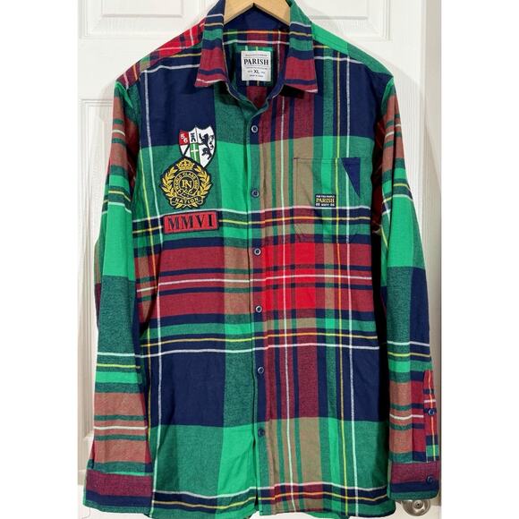 Parish Nation Men's Plaid Flannel Patch Long Sleeve Button Up Shirt Size XL - Picture 2 of 2